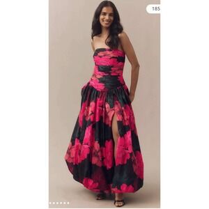 HUTCH Georgina Strapless Ruched Drop-waist Maxi Dress Pink Black Size 14 NEW